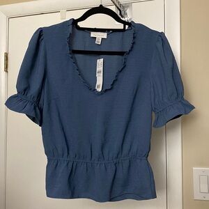 NWT Topshop Morgan Ruffle Trim Peplum Top Blue Size 2